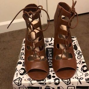 Brown Peeptoe laceup booties